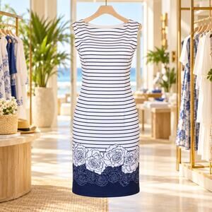 Isle Women’s M Blue White Striped Floral Sleeveless Sheath Dress NWT Resort
